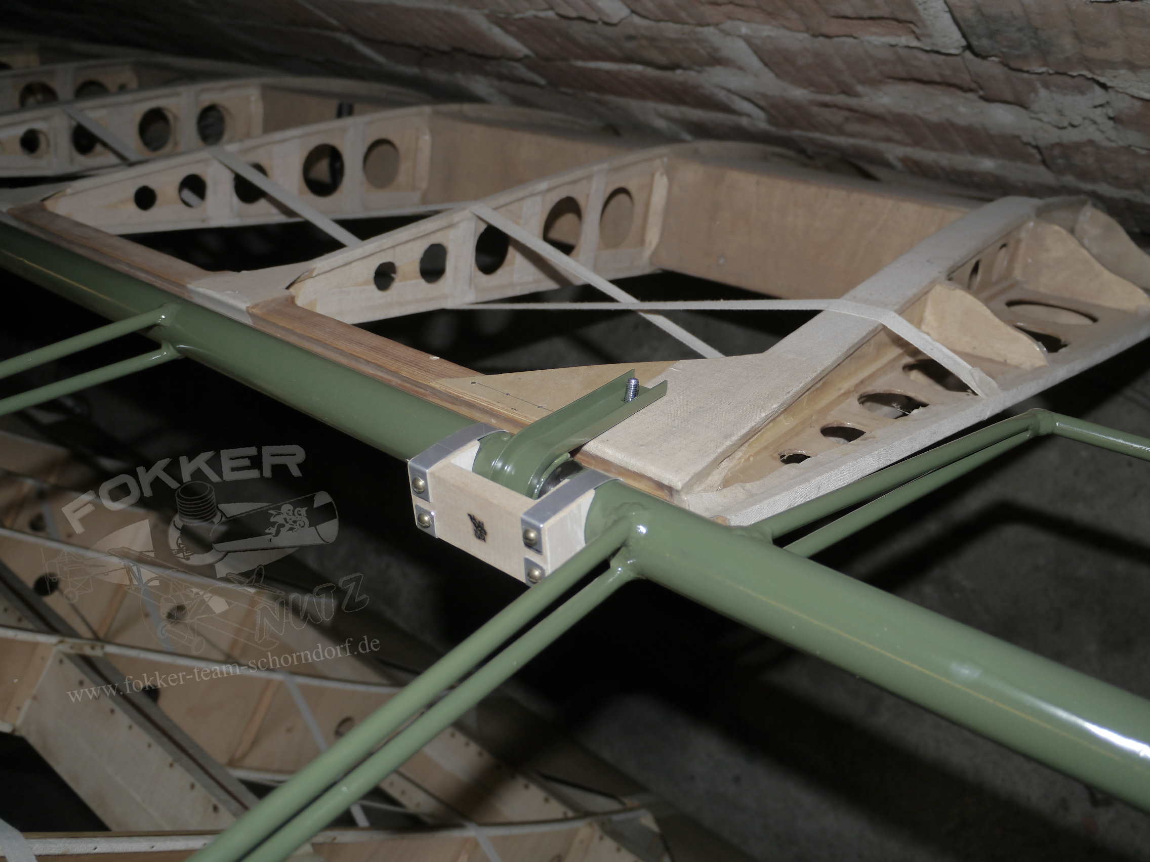 Engels E.1 (Fokker Dr.1) - Aileron fitting test to wing.